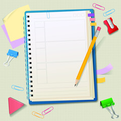 Blank notepad with stationery side view. A planner for writing notes. Notepad paper clip pencil eraser sharpener. Vector illustration