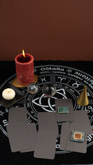 Mystic background with occult and magic objects. Selective focus.
