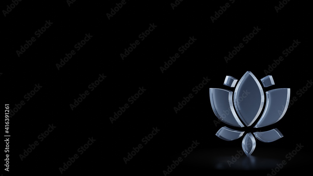 Poster 3d rendering frosted glass symbol of lotus isolated with reflection