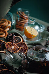 aromatic hot cinnamon tea on wooden table