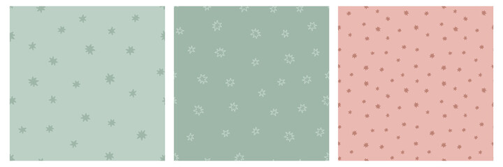 Seamless patterns with star doodles. Set of vector backgrounds with random stars. Soft green and soft pink colors. Card templates.