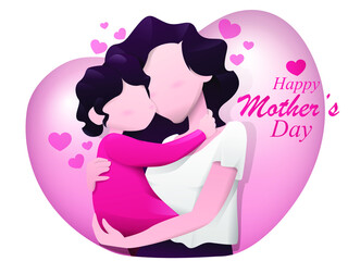 Mother with baby in cartoon style on the background of the heart for Mother's Day. Greeting card, banner p March 8. Vector illustration