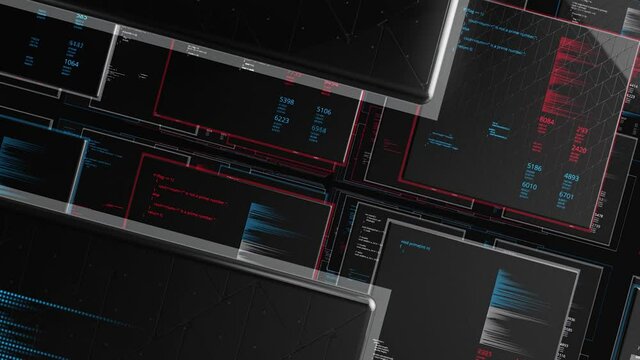 Information base of future. Animation. Span between virtual cells with numeric information. Multiple tiers of 3d tables inside virtual space