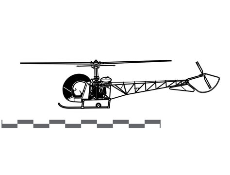 Bell H-13 Sioux. Vector drawing of light observation helicopter. Side view. Image for illustration and infographics.