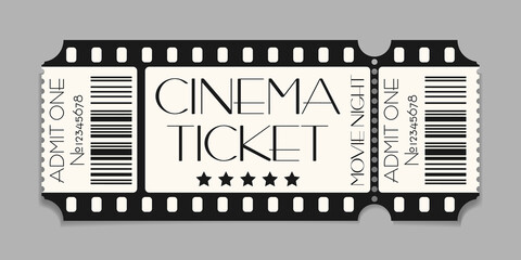 Cinema ticket template mockup with barcode. Vector illustration of realistic show admission in retro style. Vintage performance ticket or coupon design