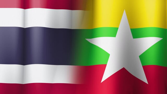 Thailand and Myanmar flags with seamless clip of waving. Southeast asia alliance. 3D modeling. Flag with texture of fabric.