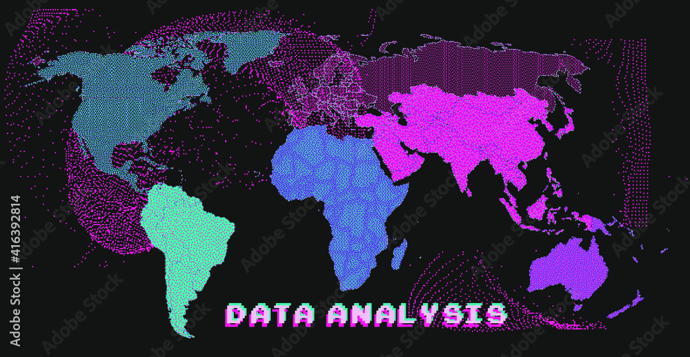 Aufkleber Map of the World in pixel art style. Retrofuturistic cyberpunk user interface, sci-fi hacker UI.
