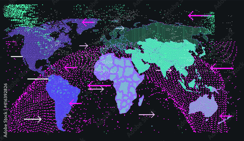Aufkleber Map of the World in pixel art style. Retrofuturistic cyberpunk user interface, sci-fi hacker UI.