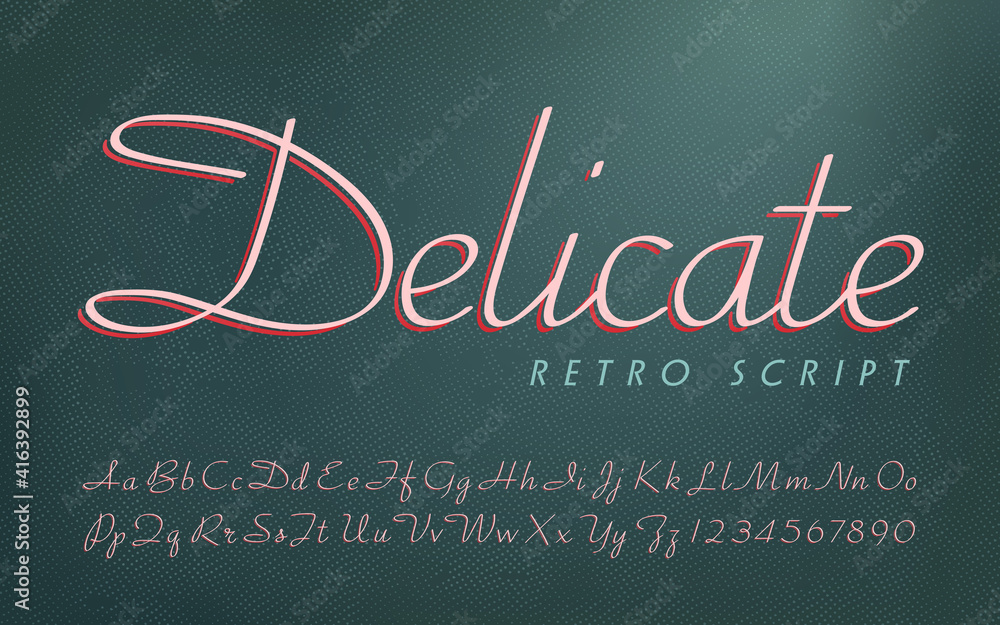 Poster a delicate 1950s style script alphabet in two-tone pink on deep teal.