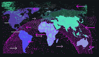 Map of the World in pixel art style. Retrofuturistic cyberpunk user interface, sci-fi hacker UI.