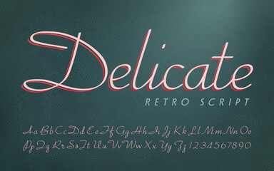A delicate 1950s style script alphabet in two-tone pink on deep teal.