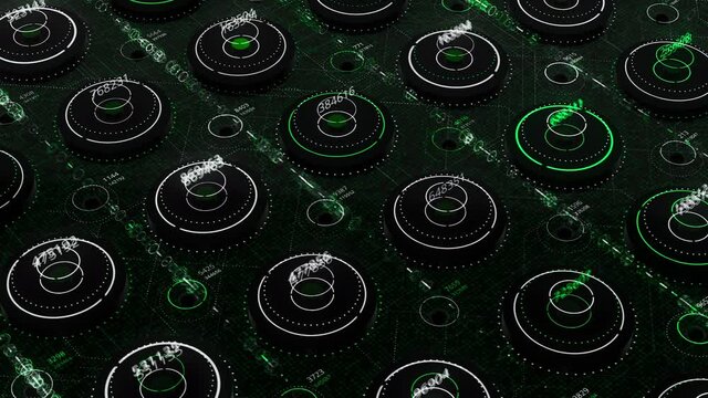 Virtual random number generator. Animation. Virtual field with neon circles and numbers. Number generator output values in neon circles inside matrix