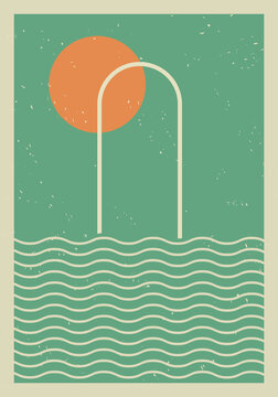 Art poster, print, background in contemporary, modern style with sun, arch and sea. Art work for wall decoration, brochure cover, template. Art pattern, backdrop, banner. Vintage, retro theme. 