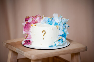 "Boy or girl" cake and different treats for gender reveal party