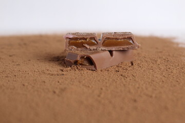 Chocolate stuffed with salted caramel lies on the cocoa on a white background there is room for text and copyspase the cover of the day of chocolate