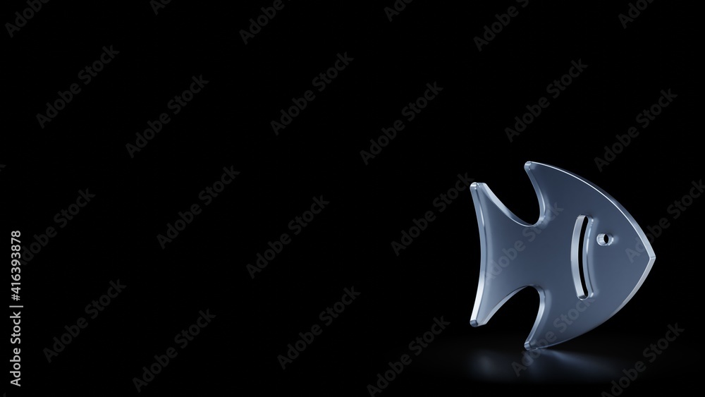Poster 3d rendering frosted glass symbol of fish isolated with reflection