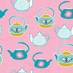 Vector pink garden tea party seamless pattern with tea pots. Perfect for fabric, scrapbooking, wallpaper projects.