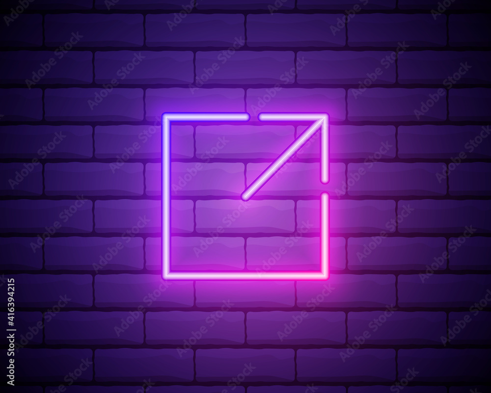 Poster glowing neon open in new window icon isolated on brick wall background. open another tab button sign