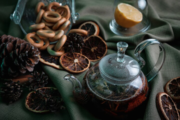 aromatic hot cinnamon tea on wooden table