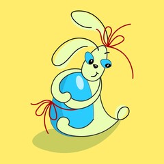 Cute pensive bunny hugs an Easter egg. Vector character cartoon style. Illustration for the holiday on a bright yellow background. Drawing for a postcard.