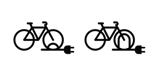 Fototapeta premium Eco electric bicycle parking space zone, e-bike charge sign. Electric plug, bike to parking stand area battery charger. Bikes on a bicycle parking, power station charging point symbol. Flat vector ebi