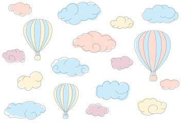 Color seamless pattern with blue simple doodle clouds with air balloon. © Julia