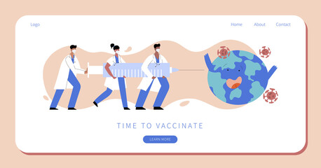 Doctors and nurses fight coronavirus with covid-19 vaccine. People carry big syringe with antivirus shot and inject pathogen. Healthcare, coronavirus, prevention and immunize. Stop covid pandemic.