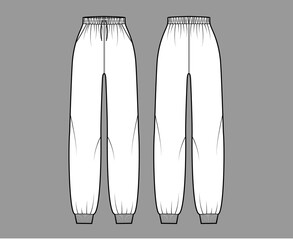 Sweatpants technical fashion illustration with elastic cuffs, normal waist, high rise, drawstrings. Flat knit training trousers apparel template front, back, white color. Women men unisex CAD mockup