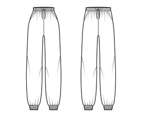 Set of Sweatpants technical fashion illustration with elastic cuffs, normal low waist, high rise, full length, drawstrings. Flat knit training apparel template front white color. Women men CAD mockup