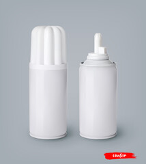 Whipped cream bottle cans on gray background. 3d realistic vector illustration of sweet dairy product. Mockup of whipped cream package.