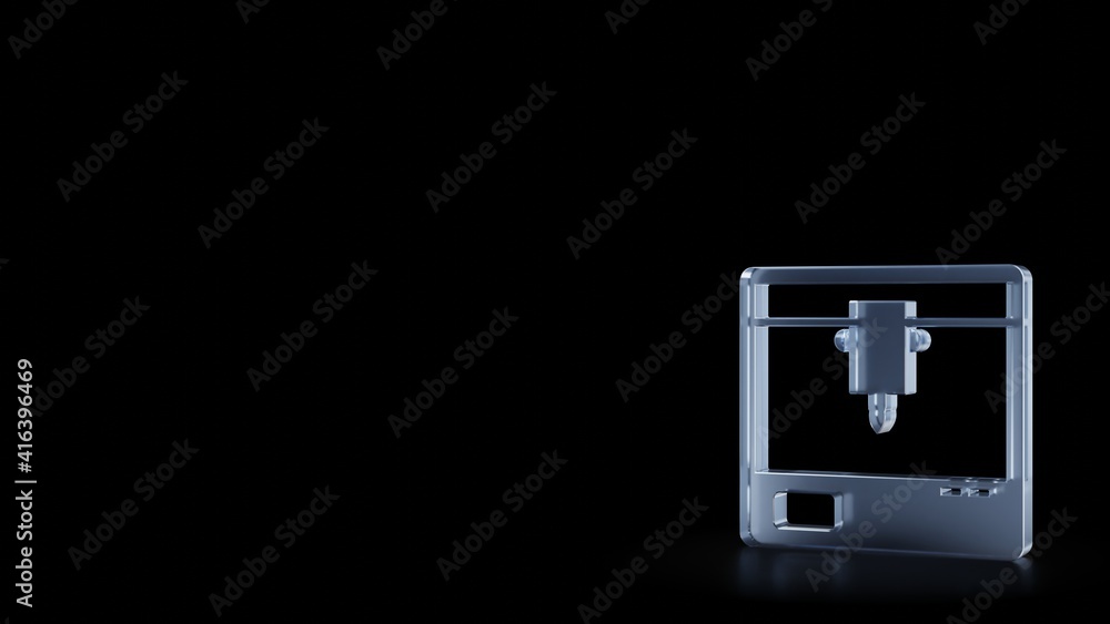 Poster 3d rendering frosted glass symbol of 3d printer isolated with reflection