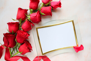 greeting card. flower composition. bouquet of red roses on white background and space for text 