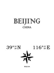 Bijing, China - inscription with the name of the city, country and the geographical coordinates of the city. Compass icon. Black and white concept, for a poster, background, card, textiles