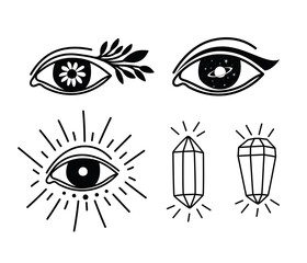set of minimalist tattoos with eyes and diamonds