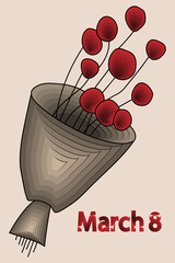 Vector. March 8, International Women's Day. Bouquet with red flowers, packed in kraft paper. Cut the paper in layers. Festive banner, web poster, flyer, stylish brochure, postcard, cover.