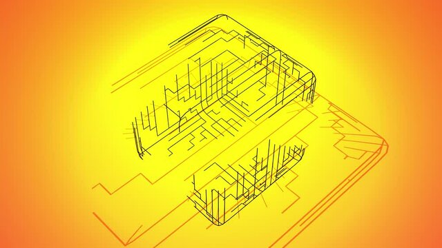4k abstract black wireframe on orange bg. Building solution by ai or neural network. Ai growing geometric pattern of lines form cube, branches of calculations, nodes and intersections.