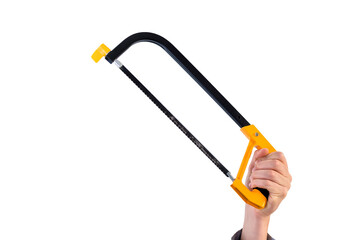 Man's arm raised holding a tool: saw. Isolate on white background.