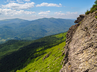 Summer rocky mountain slope. Pikuj Mountain top, Carpathian, Ukraine.