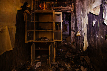 Burnt house interior. Consequences of fire concept