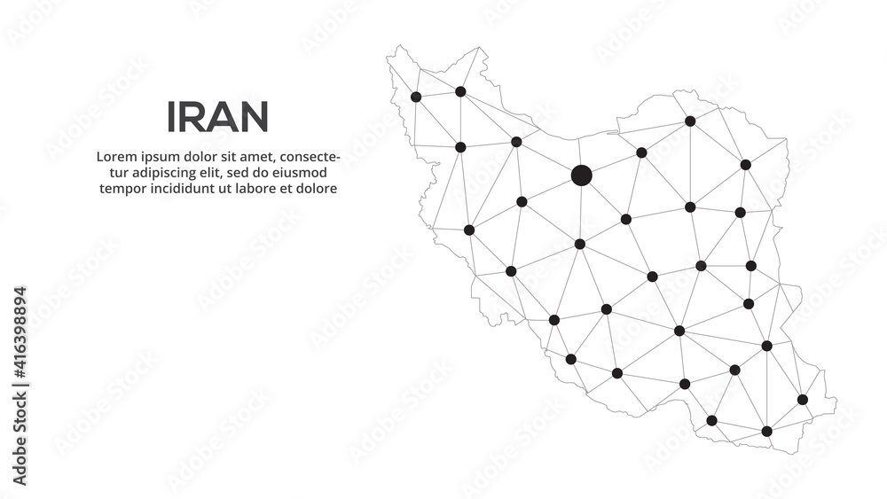Poster irancommunication network map. vector image of a low poly global map with city lights. map in the fo