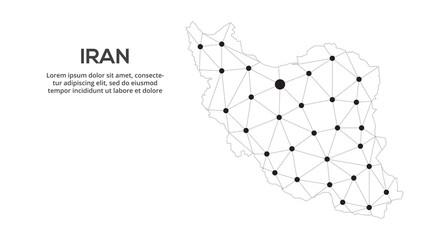 Irancommunication network map. Vector image of a low poly global map with city lights. Map in the form of lines and dots