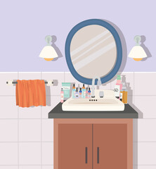 bathroom with mirror and skincare products