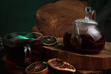 aromatic hot cinnamon tea on wooden table