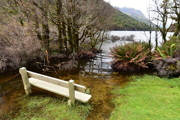 Lonely bench at Howden Lake, Routeburn Track, New Zealand