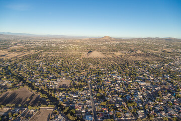 Aerial view of Teotihuacan pyramids at sunrise
