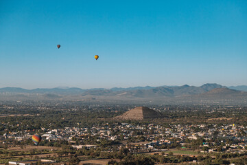 Aerial view of Teotihuacan pyramids at sunrise
