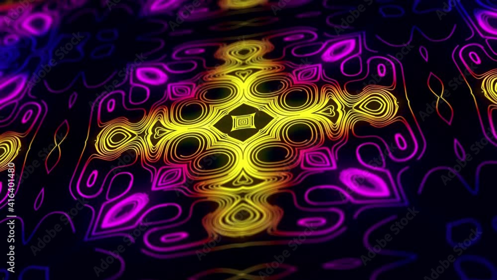 Poster pattern as flower or star. 4k abstract looped bg with grows rainbow colors lines pattern like symmet