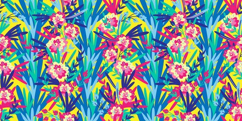 Colorful tropical print. Floral background for wallpaper, textile. Summer seamless pattern