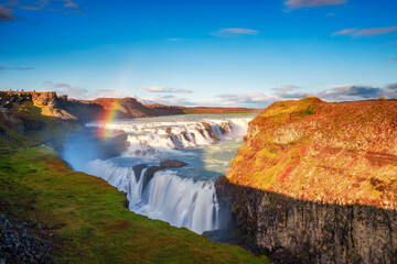 Gullfoss waterfall and the Olfusa river in southwest Iceland with a rainbow