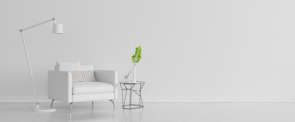 white concrete wall with white modern furniture, minimal interior design, 3d render, 3d illustration